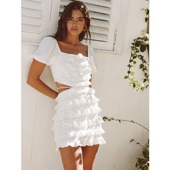 Sabo Luxe Women’s Alessa White Textured Frill Puff Sleeve Square Neck Mini Dress - Picture 1 of 16